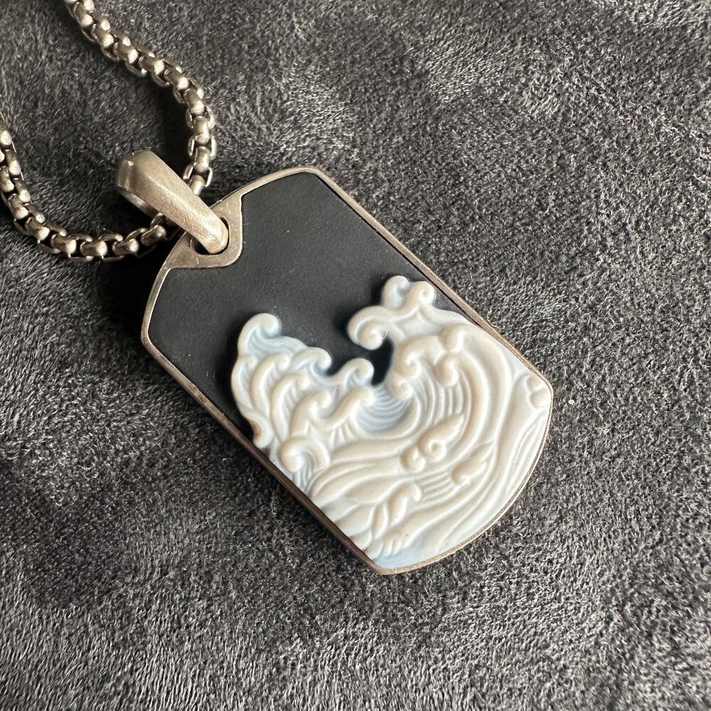 David Yurman Waves Dog Tag w/ White Agate & DY Small Box Chain Necklace 22"